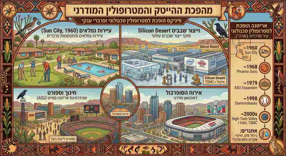 אינפוגרפיקה היסטורית המציגה את התפתחותה המודרנית של פיניקס כמטרופולין היי-טק, כולל הקמת עיירות גמלאים, הרחבת אוניברסיטת ASU, קבוצות ספורט, מרכז ייצור השבבים של "Silicon Desert" ואתגרי המים והאקלים.
