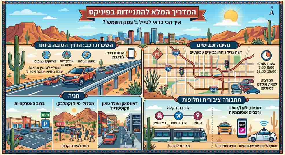 אינפוגרפיקה מאוירת המציגה את אפשרויות ההתניידות והתחבורה בפיניקס, כולל השכרת רכב, כבישים מהירים, תחבורה ציבורית ומוניות אוטונומיות.