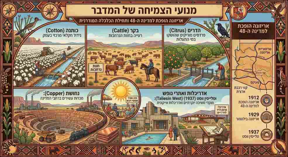 אינפוגרפיקה היסטורית המציגה את הצטרפותה של אריזונה למדינה ה-48 ואת מנועי הצמיחה הכלכליים של פיניקס – "חמשת ה-C": כותנה, בקר, הדרים, נחושת ואקלים.
