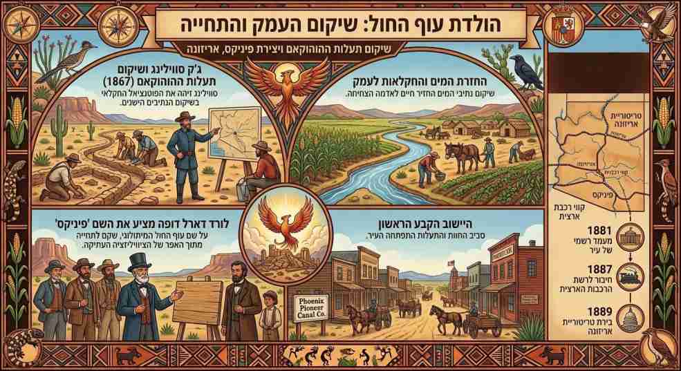 אינפוגרפיקה היסטורית המתארת את הקמת פיניקס, אריזונה, במאה ה-19, כולל שיקום תעלות ההשקיה על ידי ג'ק סווילינג ומתן שם העיר על ידי לורד דארל דופה.