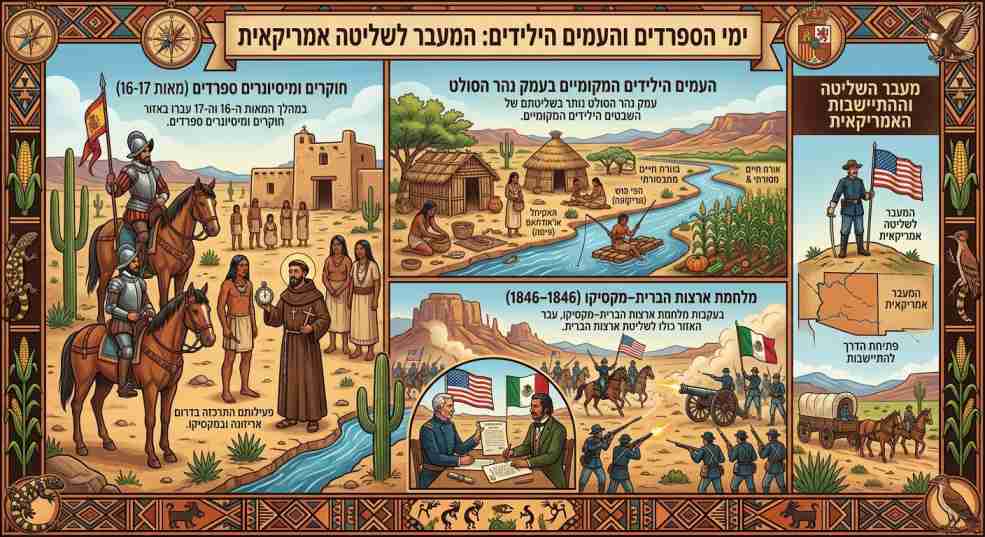 אינפוגרפיקה היסטורית המציגה את תקופת הספרדים והעמים הילידים באריזונה, ואת המעבר לשליטה אמריקאית בעקבות מלחמת ארצות הברית–מקסיקו.