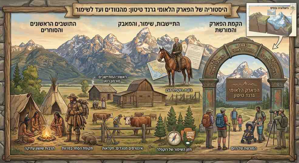 איור היסטורי המציג את תולדות הפארק הלאומי גרנד טיטון, מתושבי הטיטון הראשונים והסוחרים ועד להקמת השמורה והמורשת.