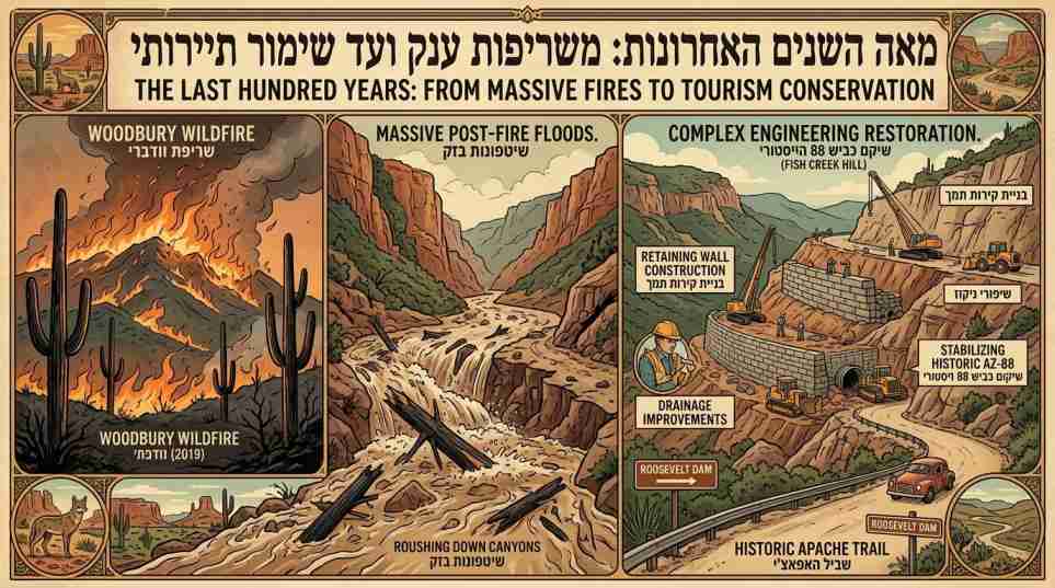 כרזת וינטג' המחולקת למסגרות ומציגה את האתגרים הסביבתיים וההנדסיים של שביל האפאצ'י במאה השנים האחרונות, כולל שריפת וודברי ב-2019, שיטפונות, ושיקום הדרך ההיסטורית.