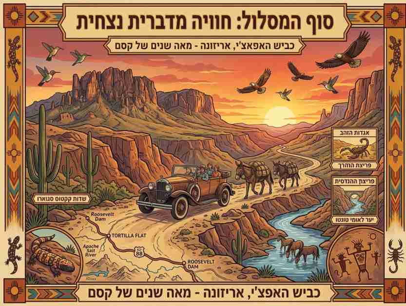 כרזת וינטג' מסכמת לשביל האפאצ'י באריזונה המשלבת מפת איור של הדרך מאפאצ'י ג'אנקשן לסכר רוזוולט, לצד סמלילים המסכמים את תחנות ההיסטוריה, הטבע ונקודות העניין לאורך המסלול.
