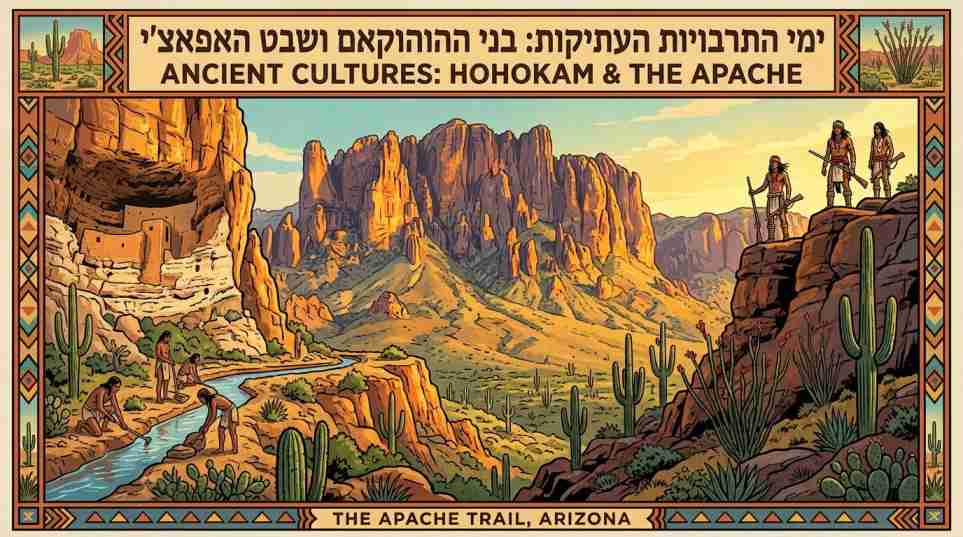 כרזת וינטג' המציגה את התרבויות העתיקות בשביל האפאצ'י, כולל בני ההוהוקאם ובני שבט האפאצ'י על רקע נופי הקניונים של אריזונה.