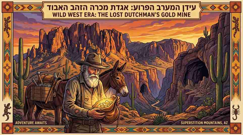 כרזת וינטג' המציגה את עידן המערב הפרוע ואגדת מכרה הזהב האבוד בשביל האפאצ'י באריזונה, כולל איור של מחפש זהב וסצנה מדברית.