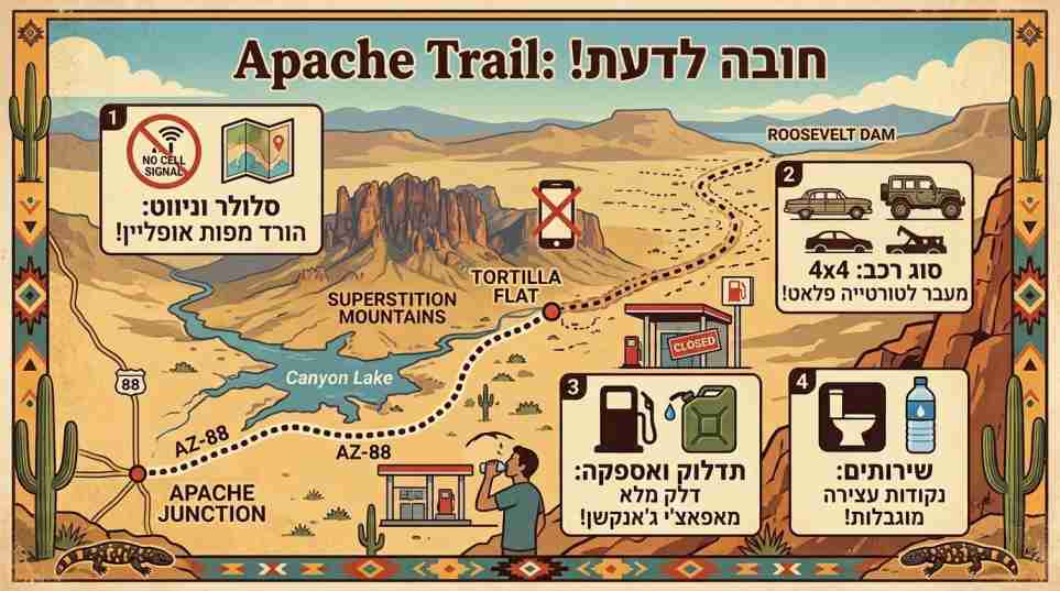 אינפוגרפיקה ויזואלית לשביל האפאצ'י באריזונה המרכזת 4 כללים קריטיים: הורדת מפות אופליין, התאמת סוג הרכב (4x4), תדלוק מראש באפאצ'י ג'אנקשן, וזמינות שירותים מוגבלת.
