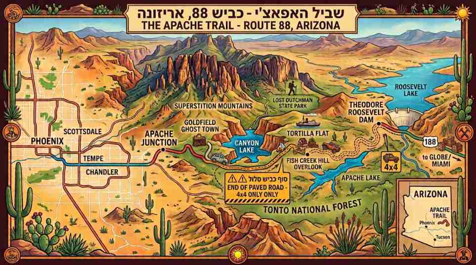 מפה מאוירת של שביל האפאצ'י (כביש 88) באריזונה, המציגה את תוואי הדרך מאפאצ'י ג'אנקשן ועד סכר רוזוולט לצד נקודות העניין המרכזיות.