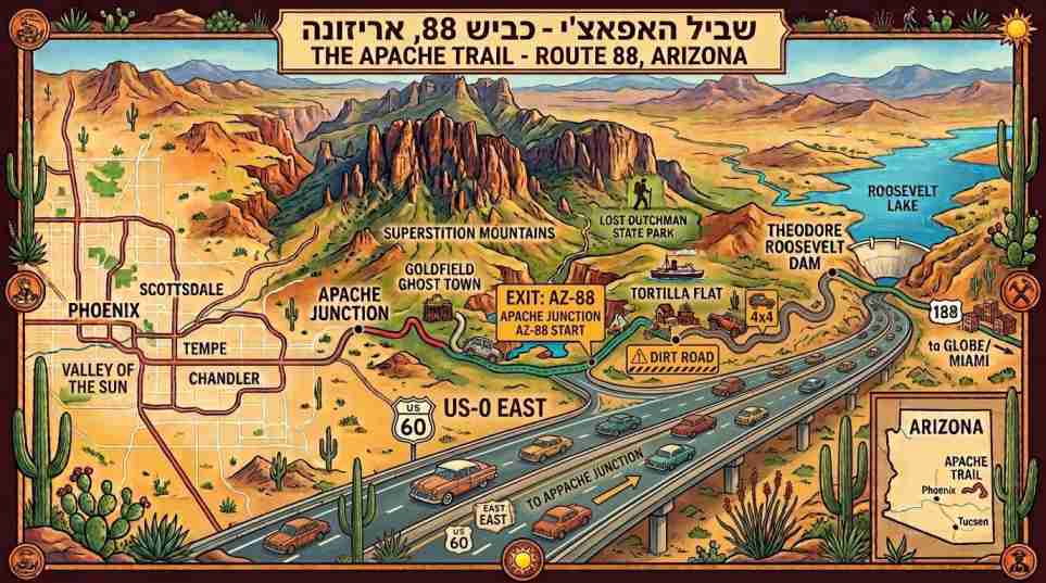 מפה מאוירת בסגנון רטרו של כביש האפאצ'י (Route 88) באריזונה, המציגה את תחנות המסע מפיניקס ועד לסכר רוזוולט.