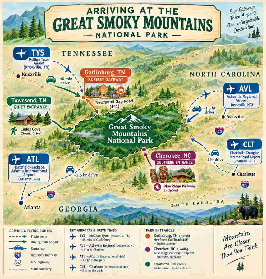 איור אינפוגרפי צבעוני ומפורט תחת הכותרת "ARRIVING AT THE GREAT SMOKY MOUNTAINS NATIONAL PARK", המציג מפה של דרכי ההגעה והכניסות הראשיות לפארק הלאומי גרייט סמוקי מצפון קרולינה שטנסי, כולל שדות תעופה קרובים ומפות חיבור לאזור.