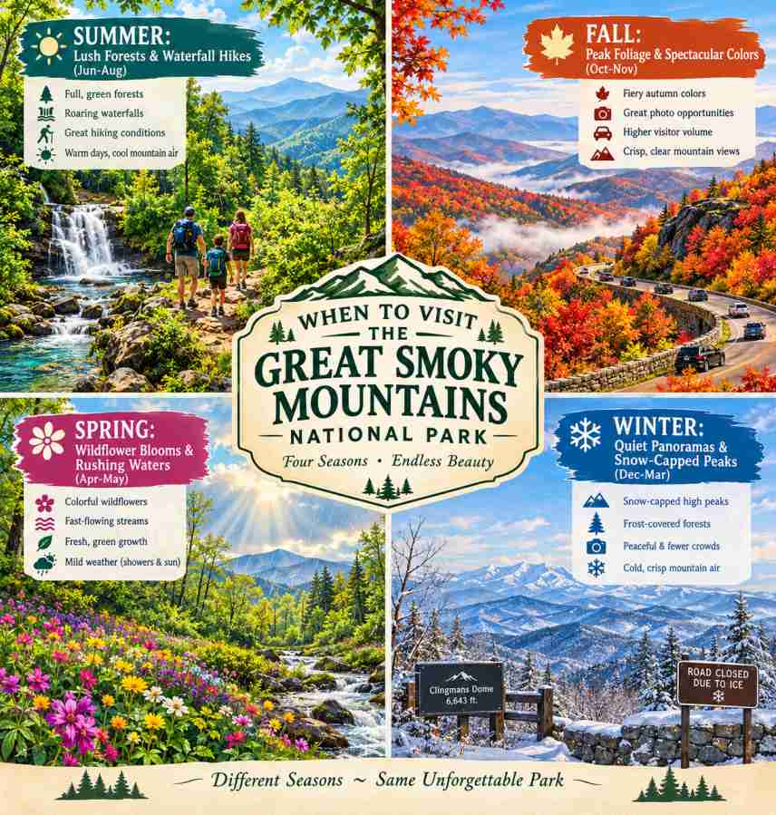איור אינפוגרפי צבעוני ומפורט תחת הכותרת "WHEN TO VISIT: GREAT SMOKY MOUNTAINS NATIONAL PARK", המציג את ארבע עונות השנה בפארק הלאומי גרייט סמוקי (אביב, קיץ, סתיו וחורף) עם איורים של נופים, צמחייה ופעילויות המאפיינים כל עונה.