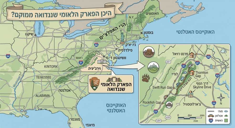 מפת מיקום איורית של הפארק הלאומי שננדואה בחוף המזרחי של ארצות הברית