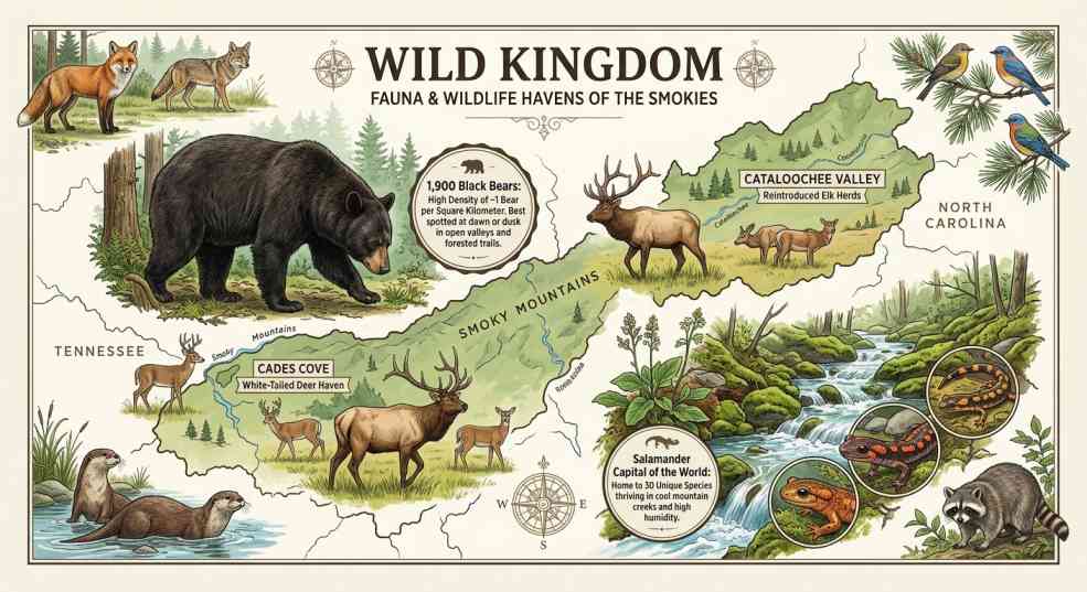 איור אינפוגרפי צבעוני ומפורט תחת הכותרת "WILD KINGDOM: FAUNA & WILDLIFE AWARENESS OF THE SMOKIES", המציג את חיות הבר בפארק הלאומי גרייט סמוקי, כולל דב שחור, אייל קנדי (Elk), סלמנדרה, שכווי, ומיני עופות ויונקים נוספים בתוך היערות וההרים.
