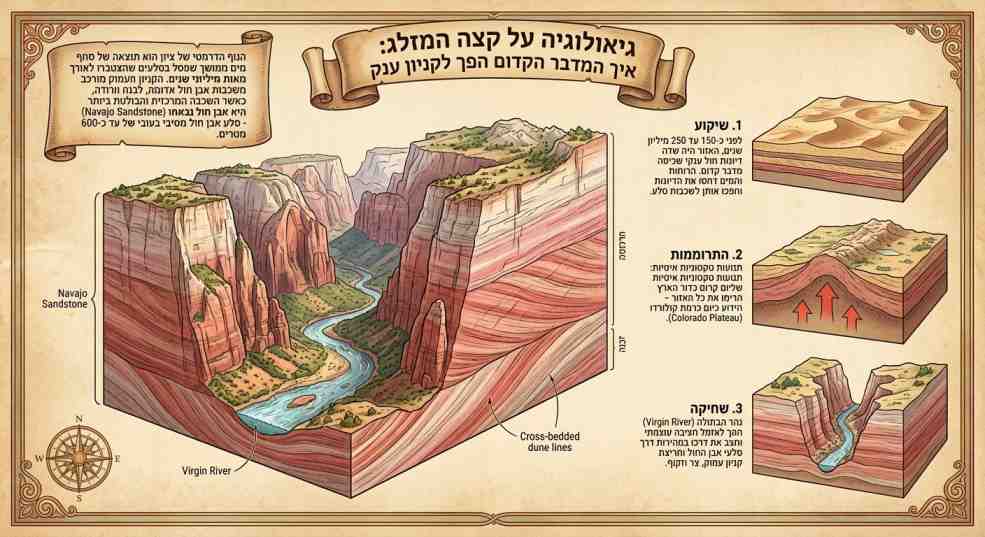 איור גיאולוגי המציג את תהליך היצירה של קניון ציון בשלושה שלבים: שיקוע, התרוממות ושחיקה