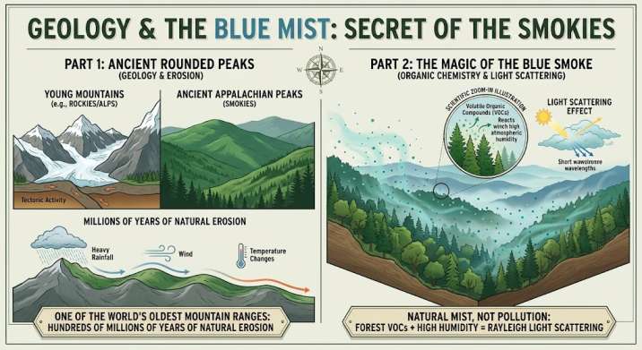 איור אינפוגרפי צבעוני ומפורט תחת הכותרת "GEOLOGY & THE BLUE MIST: SECRET OF THE SMOKIES", המציג את הגיאולוגיה של הרי הסמוקי, התהוות הערפל הכחול, תופעת היפוך הטמפרטורה ושחיקת הסלעים לאורך מיליוני שנים.