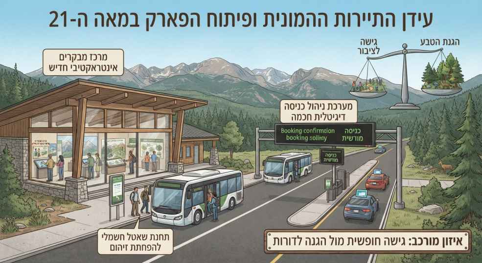 איור מודרני המציג כניסה לפארק לאומי עם שאטלים חשמליים, מרכז מבקרים מתקדם, עמדות בידוק דיגיטליות ומאזניים המדגימים את האיזון בין גישת קהל להגנת הסביבה.