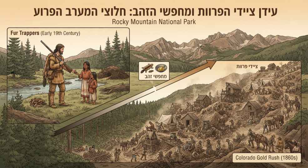 איור היסטורי דו-חלקי המציג מצד אחד צייד פרוות בטבע בתחילת המאה ה-19, ומצד שני מחנה כורים סוער וצפוף מימי בהלת הזהב בקולורדו.