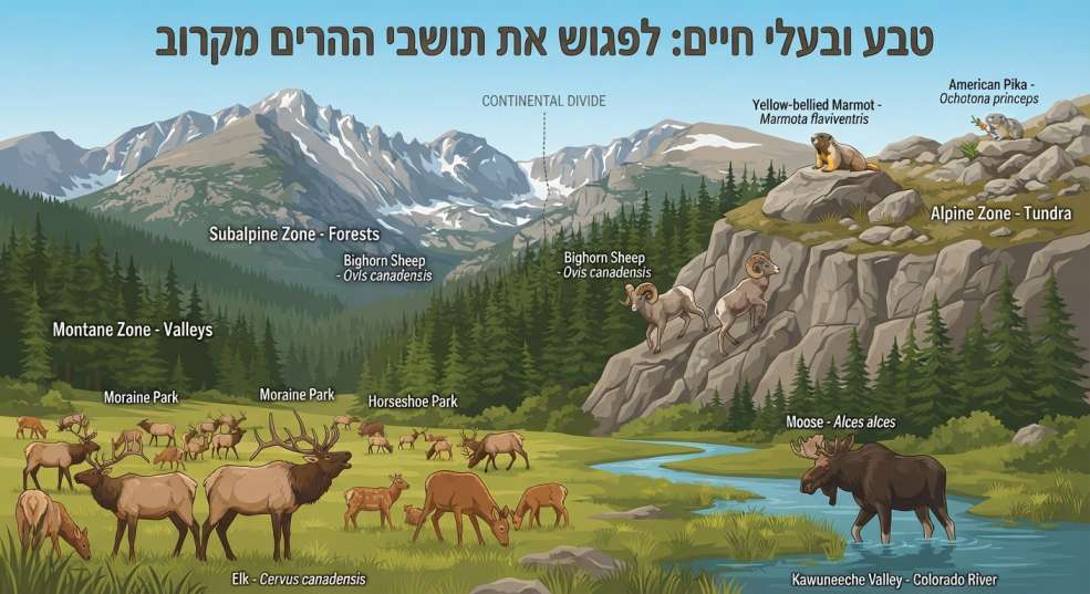 חתך רוחב מאויר של הפארק הלאומי הרי הרוקי המציג חיות בר כגון איילים קנדיים בעמקים, מוס לצד הנהר, כבשי ביגהורן על הצוקים, מרמיטות ופיקות באזור הטונדרה הגבוה.