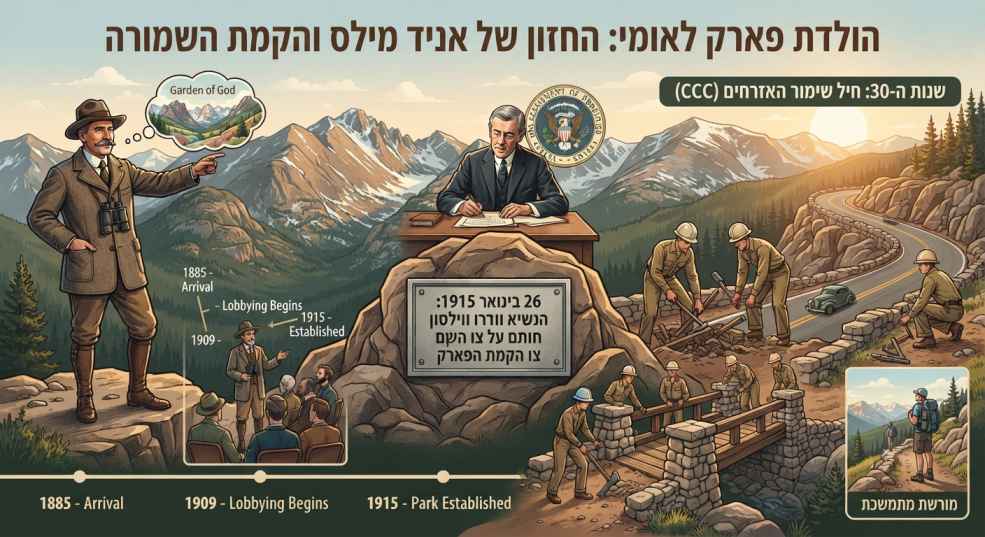 איור היסטורי הכולל ציר זמן של הקמת הפארק: דמותו של אניד מילס המשקיף על ההרים, הנשיא וודרו ווילסון חותם על צו ההקמה, ופועלי ה-CCC סוללים כבישים ושבילים בהרים.