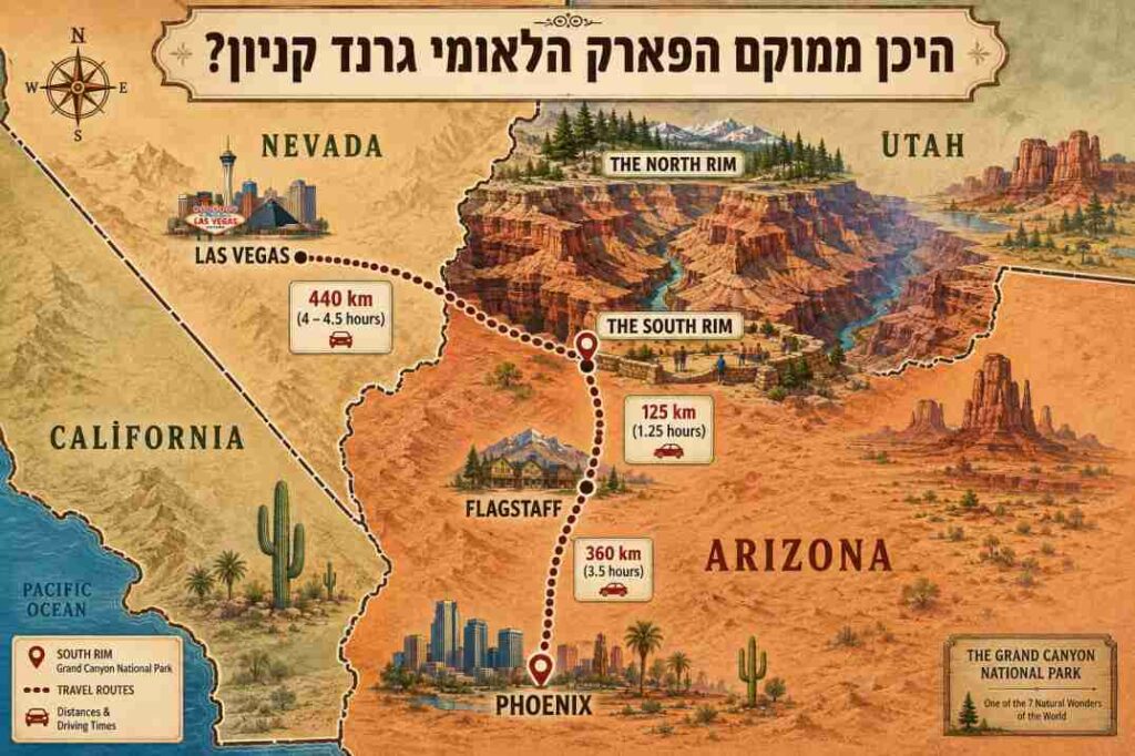 מפה מאוירת ומעוצבת המציגה את המיקום של הפארק הלאומי גרנד קניון באריזונה וזמני נסיעה מלאס וגאס, פיניקס, פלגסטף וקליפורניה.