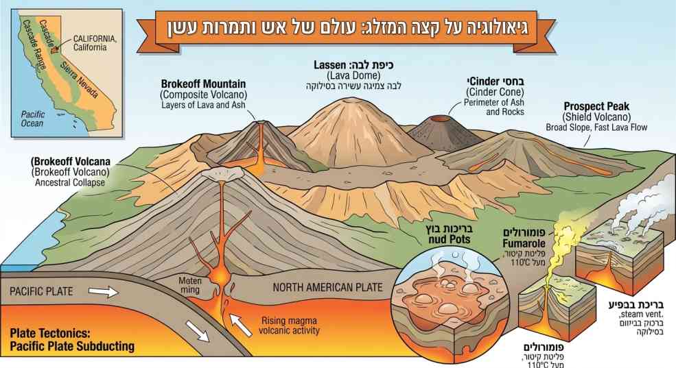 תרשים גיאולוגי חתך מאויר בעברית ובאנגלית המציג את הפעילות הטקטונית, ארבעת טיפוסי הרי הגעש (כיפת לבה, הר געש שכבתי, חרוט אפר והר געש מגן) ותופעות גיאותרמיות בפארק הלאומי לאסן.