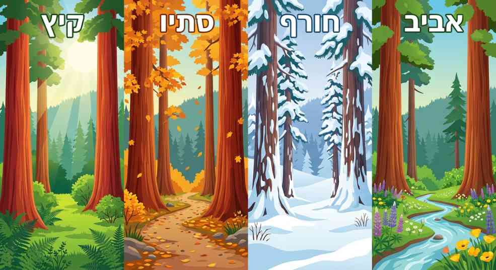 מפת עונות השנה בפארקים הלאומיים סקויה וקינגס קניון, המציגה את פריסת האזורים והדרכים לצד איורי עונות (אביב, קיץ, חורף, סתיו).