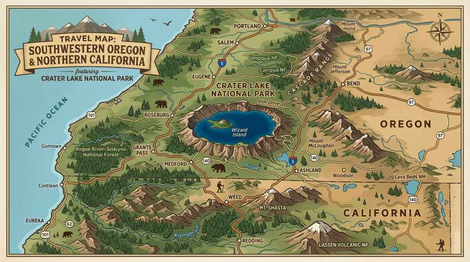 איור לימודי מאויר בסגנון וינטג' תחת הכותרת OREGON & CALIFORNIA, המציג מפה של מדינות אורגון וקליפורניה עם נתיבי הנסיעה, כבישים ראשיים ומסילות ברזל המובילות לפארק הלאומי קרייטר לייק.