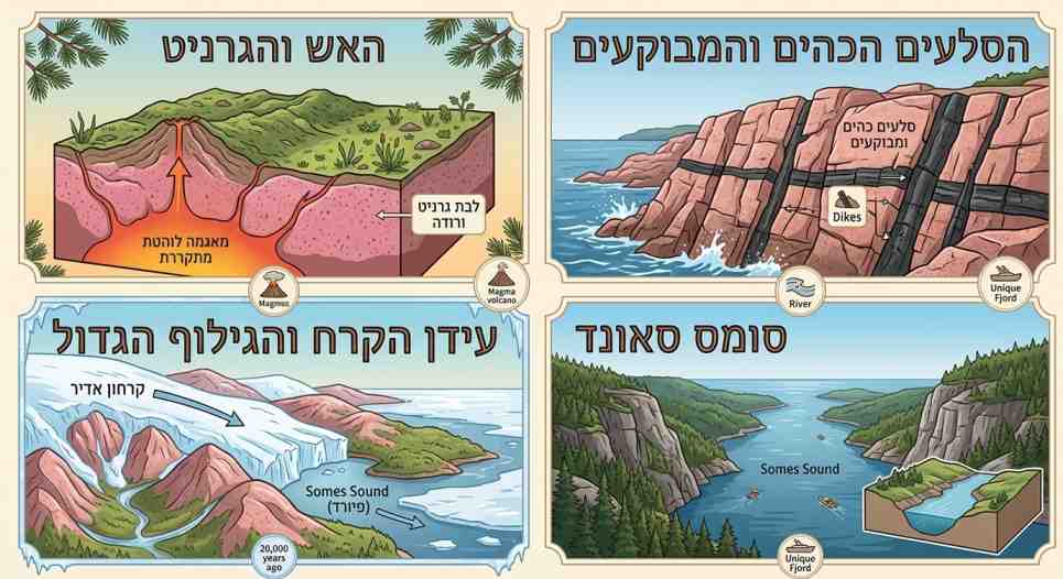 איור לימודי ב-4 חלקים המסביר את התהליכים הגיאולוגיים בפארק הלאומי אקדיה: מאגמה, סלעי דיק כהים, קרחונים ופיורד.