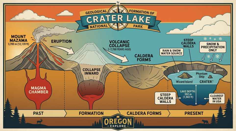 איור לימודי מאויר בסגנון וינטג' תחת הכותרת "CRATER LAKE NATIONAL PARK", המציג דיאגרמה של שלבי התמוטטות הר מזאמה: מהתפרצות הר געש פעיל, דרך קריסת המכתש והתמלאות האגם, ועד ליצירת Wizard Island.