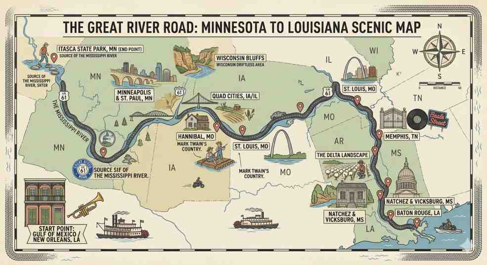 מפה מאוירת קרטוגרפית נקייה של ארצות הברית המציגה את מסלול כביש הנהר הגדול (The Great River Road) העוקב אחר נהר המיסיסיפי ממינסוטה ללואיזיאנה. המפה מציגה ציוני דרך מאוירים כולל מקורות המיסיסיפי במינסוטה, צוקי אבן חול, העיר האניבל עם אייקון מארק טוויין, קשת השער בסנט לואיס, ממפיס עם אייקון גרייסלנד ואולפני הקלטה, ואת ניו אורלינס עם חצוצרה ומוזיקת ג'אז. שמות ערים וציוני דרך מרכזיים באנגלית.