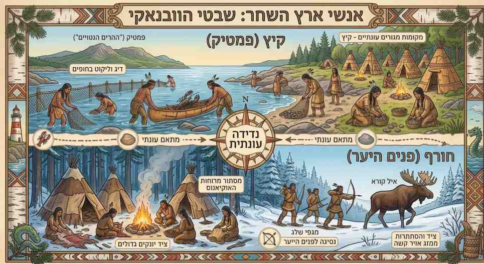 תרשים וינטג' לימודי המציג את אורח החיים והנדידה העונתית של שבטי הוובנאקי באקדיה בין חופי הקיץ לעומק היער בחורף.