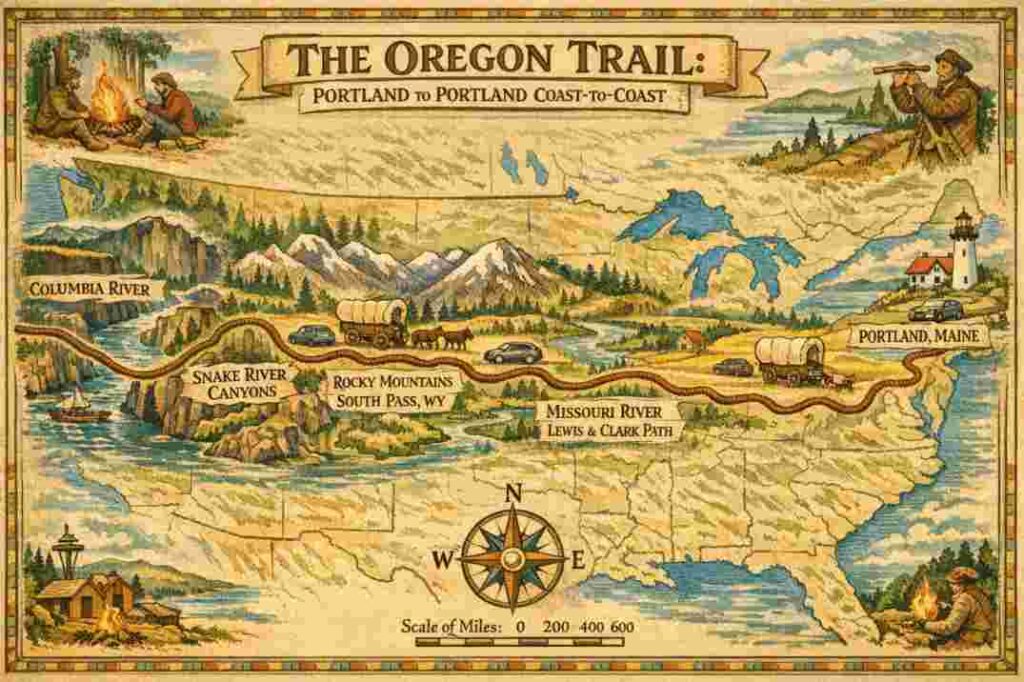 מפה מאוירת של ארצות הברית המציגה את מסלול שביל אורגון חוצה היבשת, כולל ציוני דרך מפורטלנד מיין, הרי האפלצ'ים, המישורים הגדולים, הרי הרוקי ונהר קולומביה, עד לפורטלנד אורגון.
