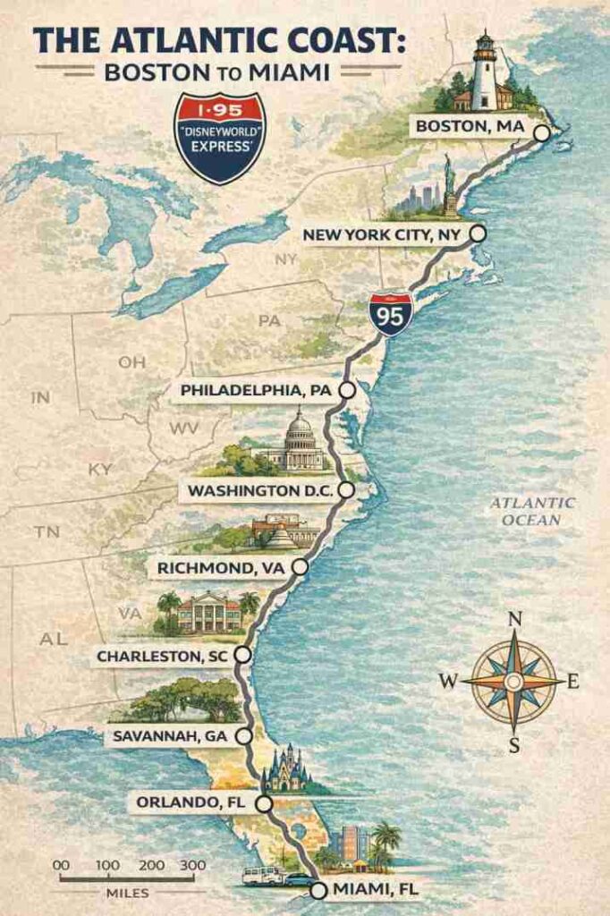 מפה מאוירת של ארצות הברית המציגה את מסלול כביש I-95 חוצה היבשת, כולל ציוני דרך מבוסטון, ניו יורק, וושינגטון די.סי., צ'רלסטון, אורלנדו ודיסניוורלד, עד למיאמי.