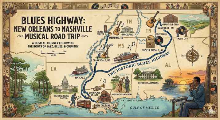 מפה מאוירת של דרום ארה"ב המציגה את "דרך הבלוז" מניו אורלינס לנשוויל, כולל אייקונים של כלי נגינה, נהר המיסיסיפי, גרייסלנד בממפיס ומועדוני מוזיקה בנשוויל.