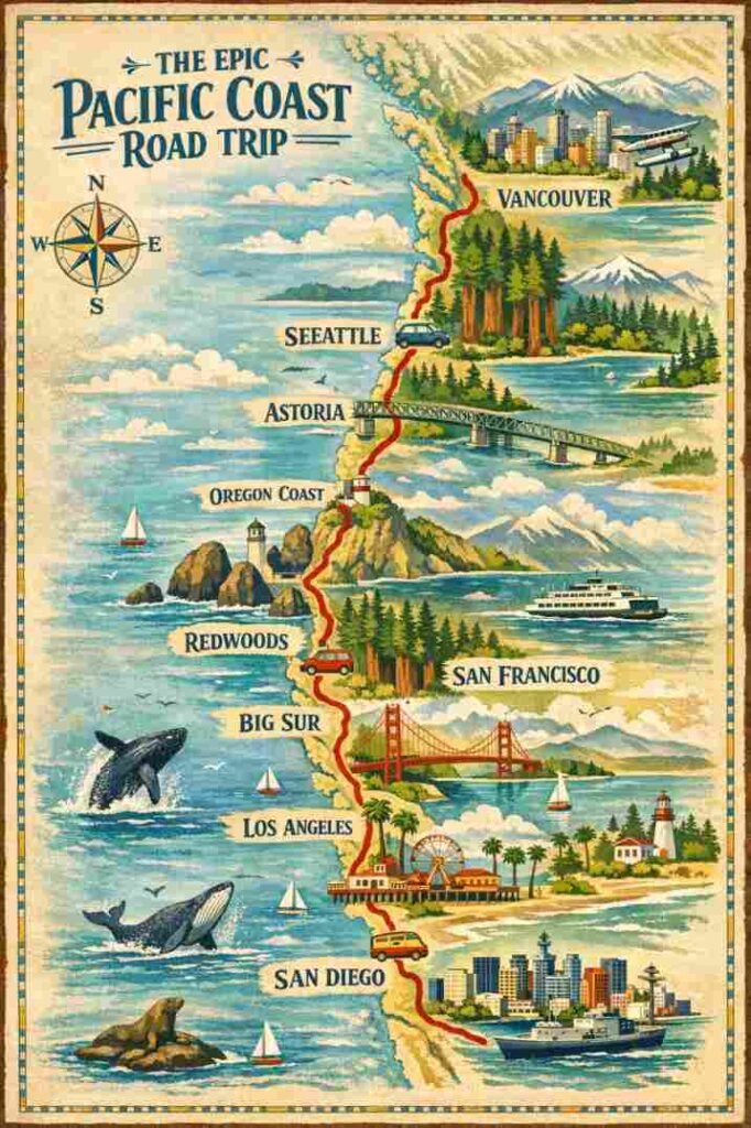 מפה מאוירת צבעונית ומזמינה המציגה מסלול נסיעה לאורך קו החוף הפסיפי של צפון אמריקה. המפה מציגה קו אדום מפותל המחבר בין נקודות ציון מרכזיות המאוירות באייקונים: גשר הזהב בסן פרנסיסקו, מגדל המחט בסיאטל, עצי רדווד, צוקים באורגון, וקו הרקיע של ונקובר וסן דייגו. הכיתוב על המפה כולל שמות ערים ויעדים מרכזיים באנגלית.