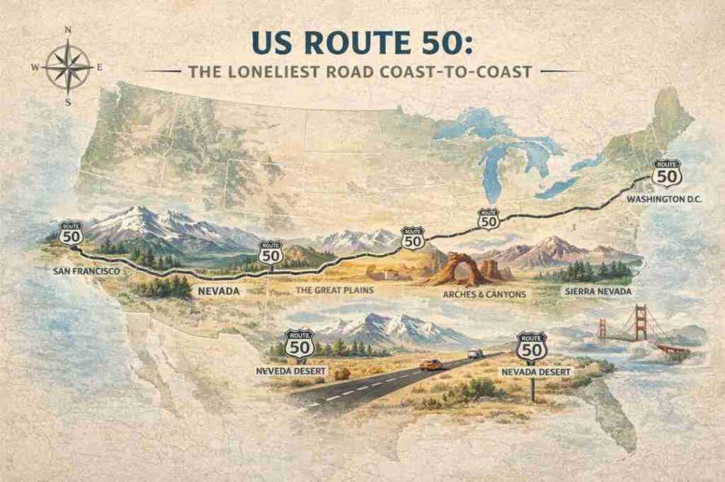 מפה מאוירת של ארצות הברית המציגה את מסלול כביש 50 חוצה היבשת, כולל ציוני דרך מהרי האפלצ'ים, המישורים הגדולים, הרי הרוקי ומדבריות נבדה, עד לסן פרנסיסקו.