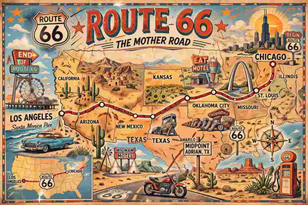 מפה מאוירת צבעונית בסגנון "וינטג'" המציגה את מסלול הנסיעה על כביש 66 ההיסטורי. המפה מציגה קו אדום מפותל המחבר בין נקודות ציון מרכזיות המאוירות באייקונים: קו הרקיע של שיקגו, קשת השער בסנט לואיס, רכב וינטג', קדילאק ראנץ' בטקסס, צוקים באריזונה, ושקיעה בחוף סנטה מוניקה בלוס אנג'לס. הכיתוב על המפה כולל שמות ערים ויעדים מרכזיים באנגלית.