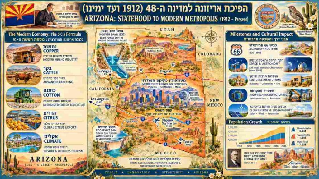 אינפוגרפיקה המציגה את הפיכתה של אריזונה למדינה ה-48 ואת נוסחת חמשת ה-C הכלכלית במדינת הגרנד קניון.