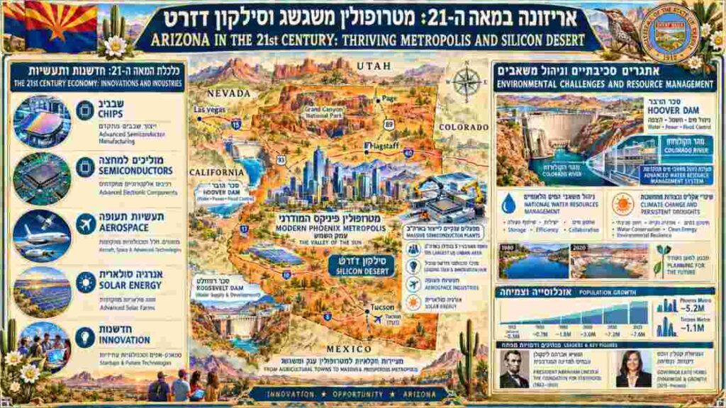 אינפוגרפיקה ומפה מפורטת של אריזונה במאה ה-21 המסכמות תעשיות מתקדמות, חדשנות טכנולוגית ואתגרי ניהול מים במדינת הגרנד קניון.