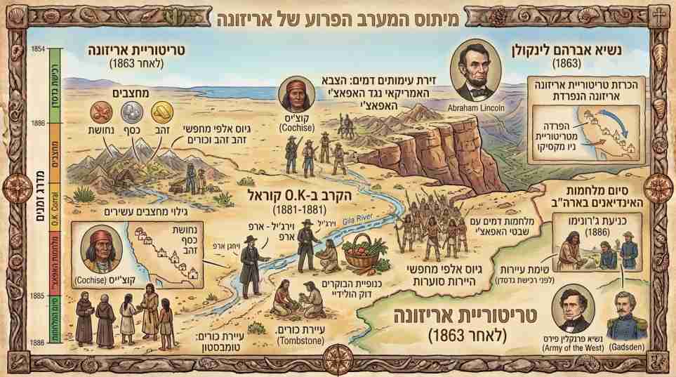 אינפוגרפיקה היסטורית המתארת את תקופת המערב הפרוע באריזונה, כולל הקרב ב-O.K. קוראל ועיירות הכורים.