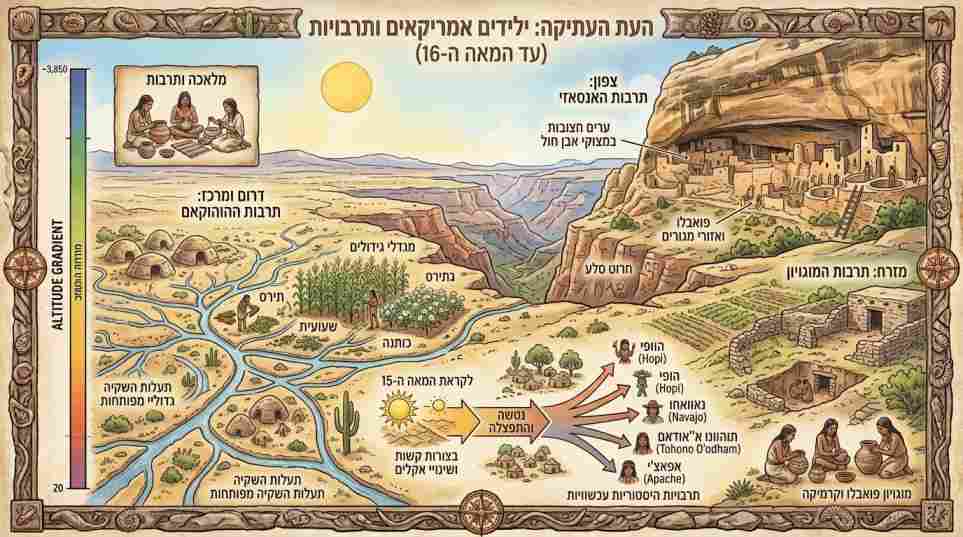 אינפוגרפיקה היסטורית המתארת את תרבויות הילידים הקדומות באריזונה עד המאה ה-16, כולל ההוהוקאם, האנסאזי והמוגויון.