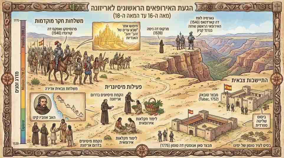 אינפוגרפיקה היסטורית המתארת את הגעתם של החוקרים, המיסיונרים והקונקיסטדורים הספרדים הראשונים לאריזונה במאות ה-16 עד ה-18.