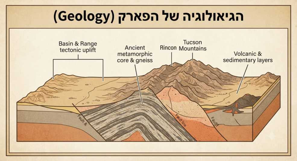 תרשים אינפוגרפיה גיאולוגי המציג את תהליכי היווצרות הקרקע, העתקים והשכבות הסלעיות בפארק הלאומי סגווארו