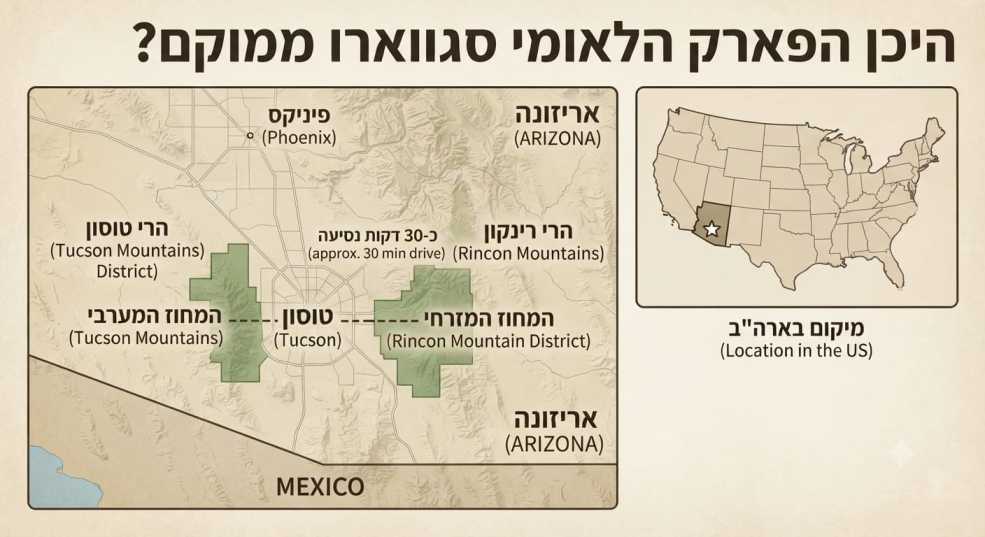 מפת מיקום של המחוז המערבי והמזרחי של הפארק הלאומי סגווארו סביב טוסון, אריזונה ומפת מיקום ארה"ב