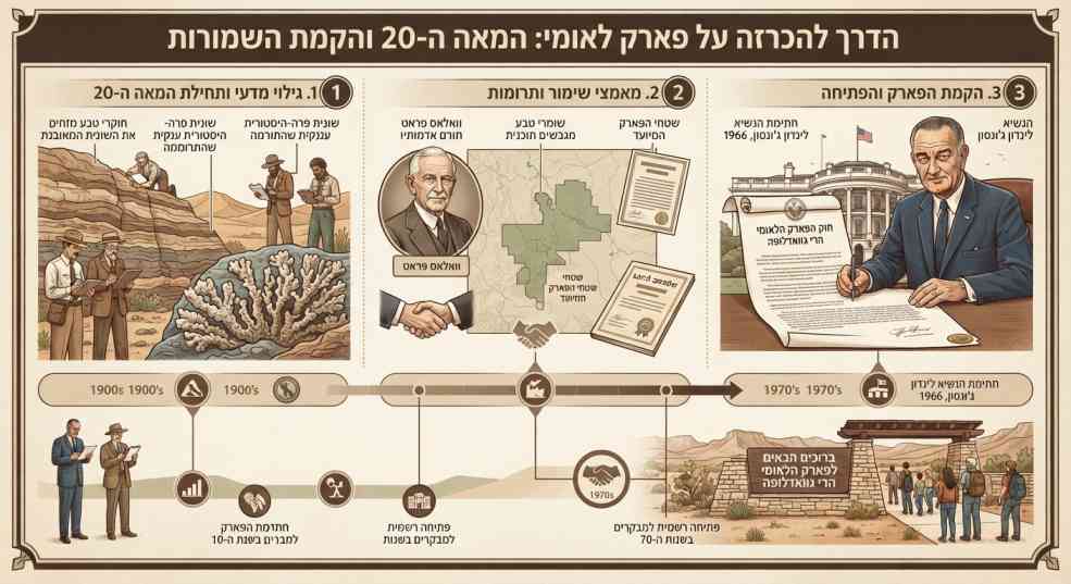 אינפוגרפיקה היסטורית בכותרת "הדרך להכרזה על פארק לאומי: המאה ה-20 והקמת השמורות", המחולקת לשלושה שלבים: 1. גילוי מדווח ותחילת המאה ה-20 (חוקרי טבע ומדענים); 2. מאמצי שימור ותרומות (וואלאס פראט ושומרי טבע); 3. הקמת הפארק והפתיחה (חתימת הנשיא לינדון ג'ונסון ב-1966 ופתיחה לקהל בשנות ה-70).