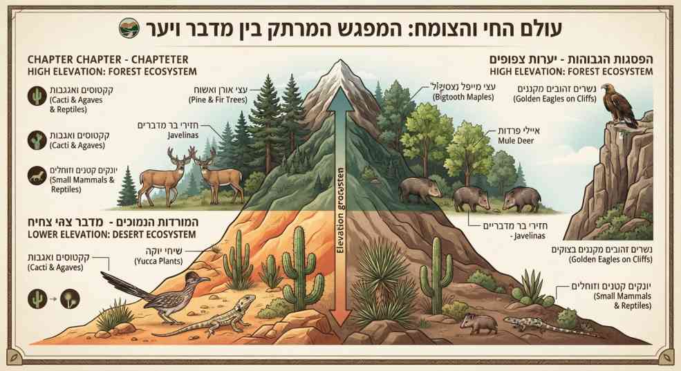 אינפוגרפיקה צבעונית המציגה את המפגש האקולוגי בין המדבר ליער בפארק הלאומי הרי גוואדלופה, עם חלוקה בין המורדות הנמוכים (מדבר צחיח) לבין הפסגות הגבוהות (יערות צפופים) המפרטת צמחים ובעלי חיים לפי גובה.