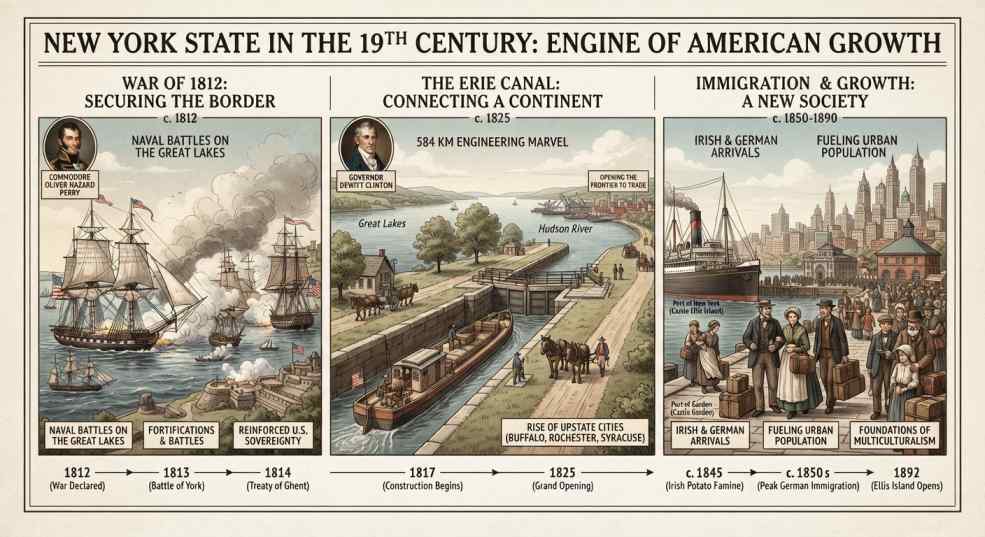 אינפוגרפיקה היסטורית המציגה את מדינת ניו יורק במאה ה-19, כולל מלחמת 1812 ואבטחת הגבולות, בניית תעלת אירי שחיברה בין הימות הגדולות לנהר ההדסון, וגלי הגירה של איריים וגרמנים שעיצבו חברה עירונית ומולטיקולטורלית.