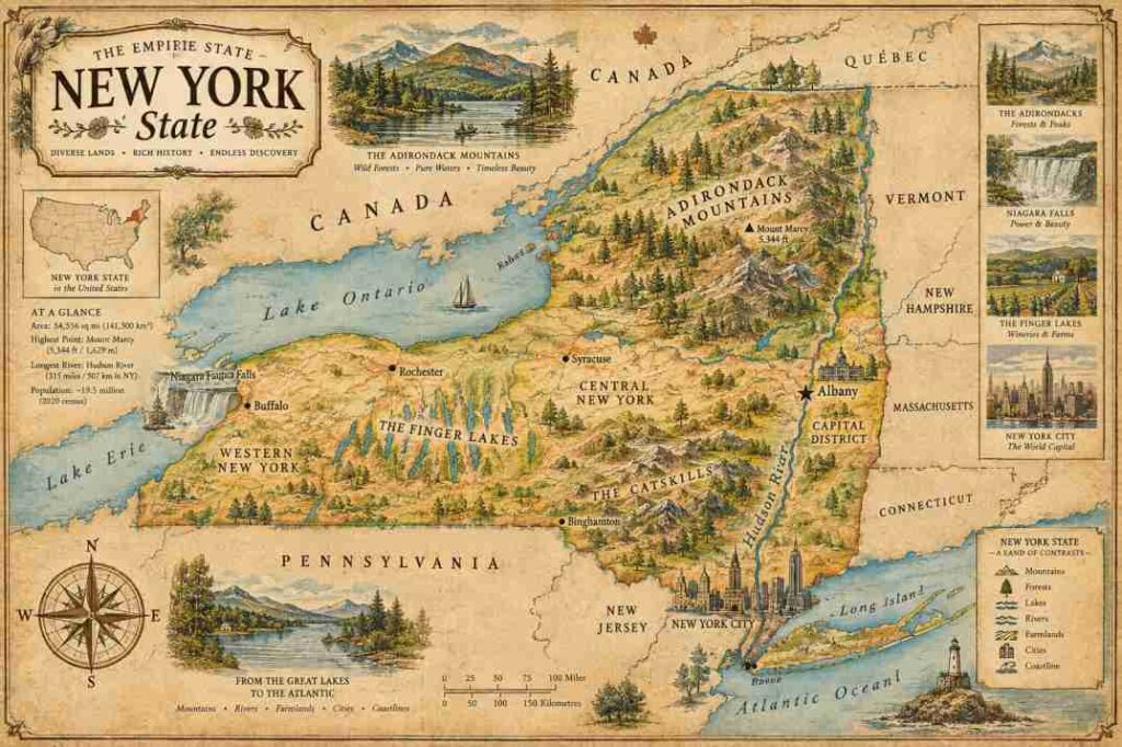 מפה גאוגרפית של מדינת ניו יורק (New York State - The Empire State) הכוללת את חלוקת האזורים המרכזיים, ערים עיקריות, אגמים ומדינות גובלות.