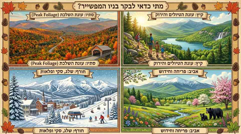 איור מאויר בארבעה חלקים המציג את ארבע עונות השנה בניו המפשייר: סתיו (עונת השלכת עם גשר עץ מקורה), קיץ (עונת הטיולים והירוק עם נחל והרים), חורף (שלג, סקי ופלאות עם עיירה מושלגת וגולשים), ואביב (פריחה וחידוש עם אגם, פריחה ודוב שחור).