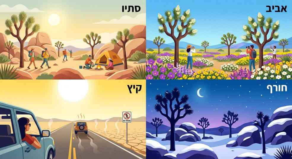 איור אינפוגרפי המחולק לארבע עונות השנה בפארק הלאומי עץ יהושע: סתיו, אביב, קיץ וחורף המושלג